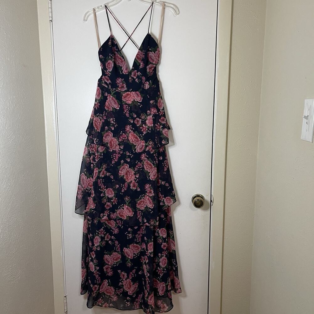 Fame & Partners Wyatt Floral Tiered Chiffon lace up plunge maxi Dress US 12 - Picture 3 of 11